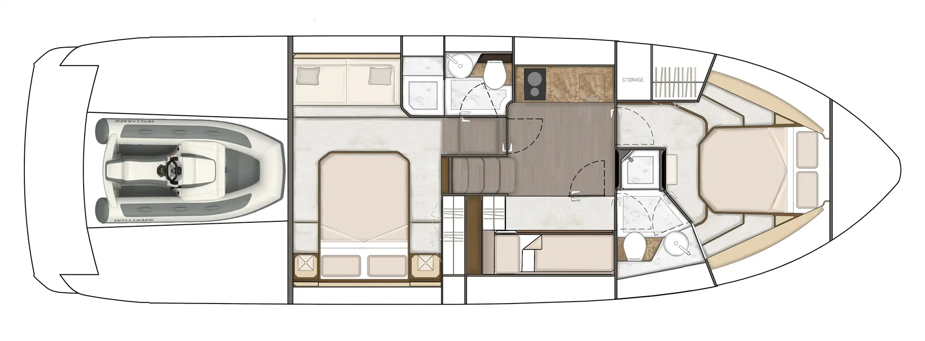 Boat interior layout features a Williams tender, a double bed, kitchen area, and sofa seating arranged in a modern style.